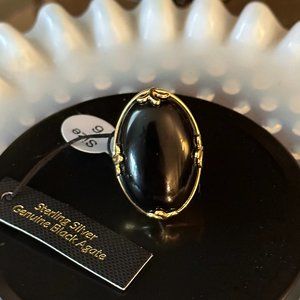 New Black Agate Large Stone Gold over Sterling Silver Designer Ring Size 6 (PAJ)